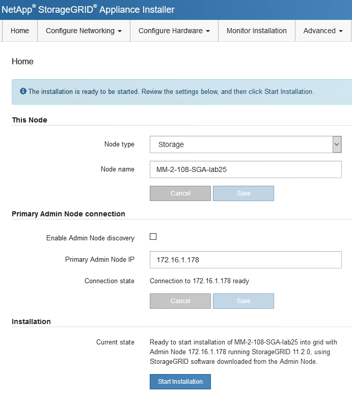 Captura de ecrã da parte superior da página inicial do instalador de dispositivos StorageGRID Webscale