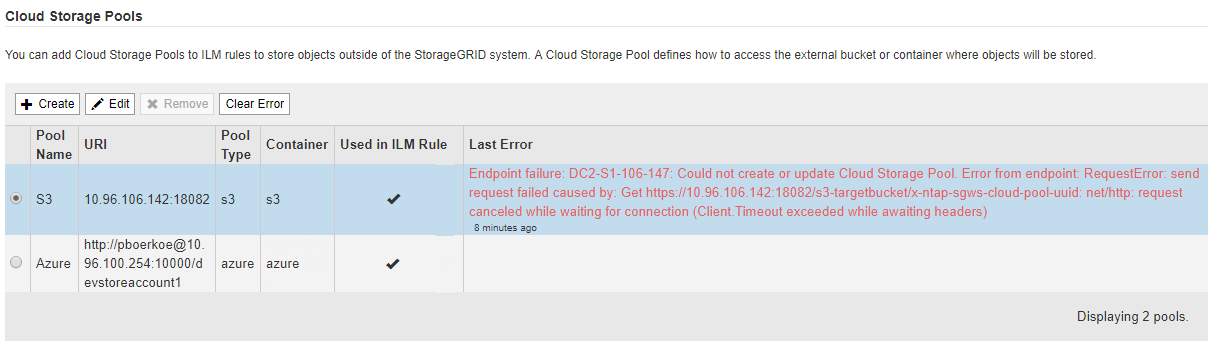 Erro nos pools de storage de nuvem