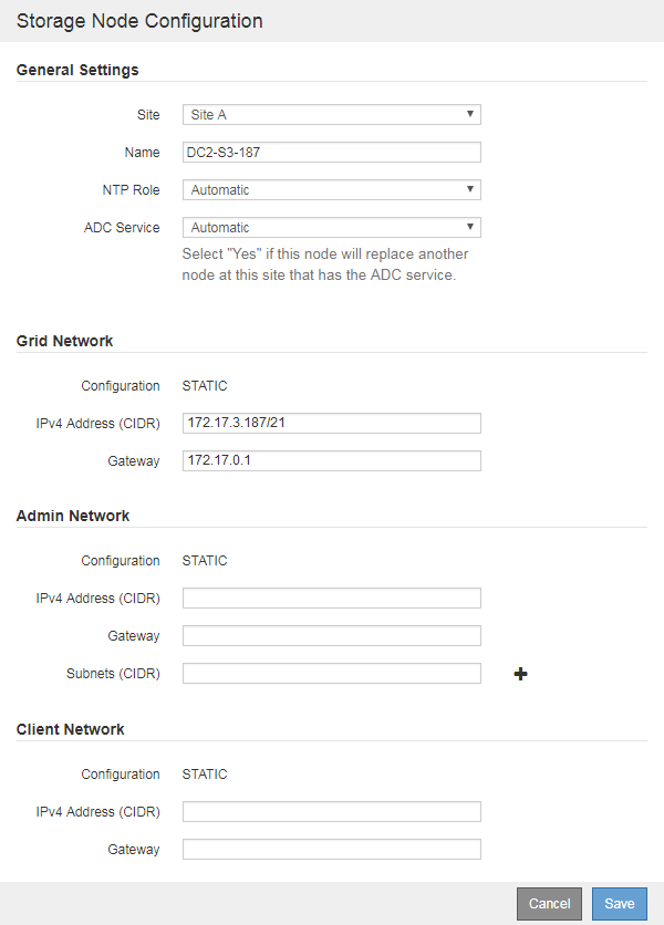 Formulário de configuração do nó de grade