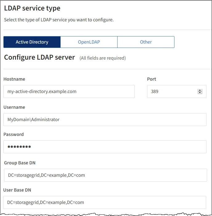 Página de Federação de identidades que mostra o servidor LDAP que utiliza o ative Directory