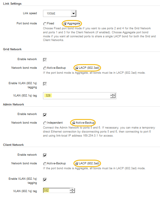 Captura de tela mostrando as configurações de Link para o modo agregado