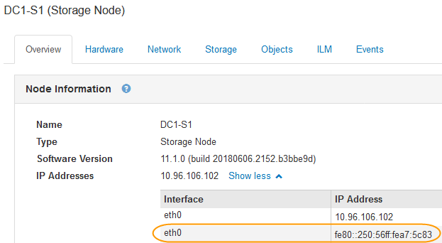 Captura de tela dos nós Visão geral dos endereços IP