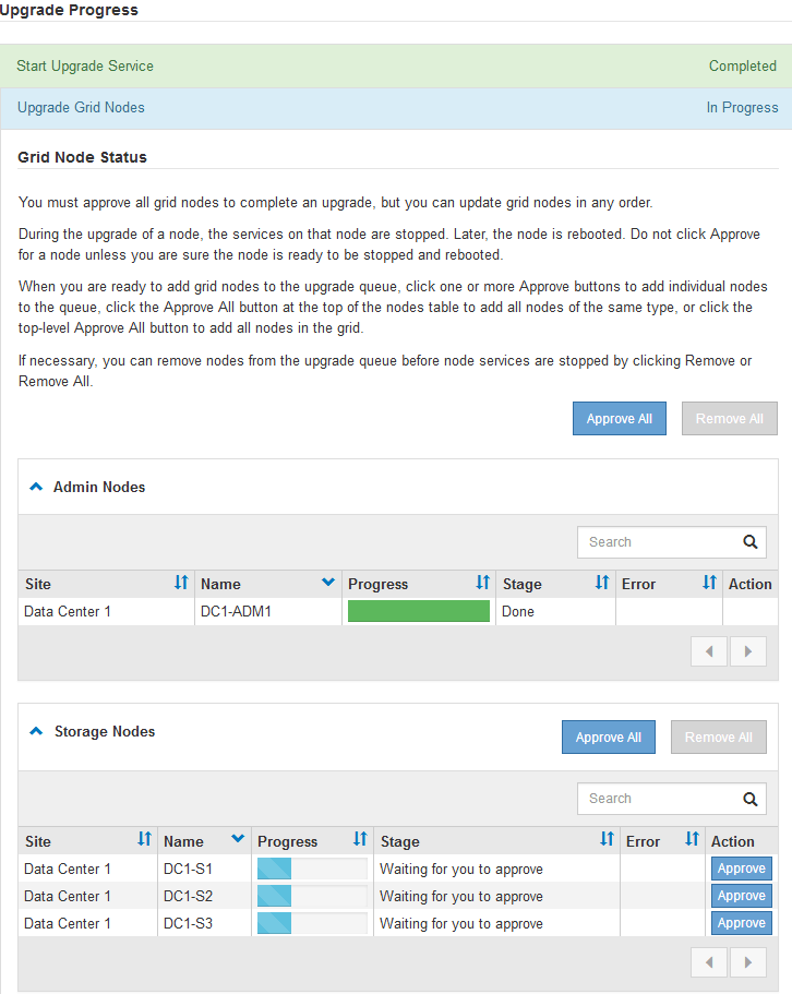 Captura de tela de Upgrade Grid Nodes após Admin Node concluído