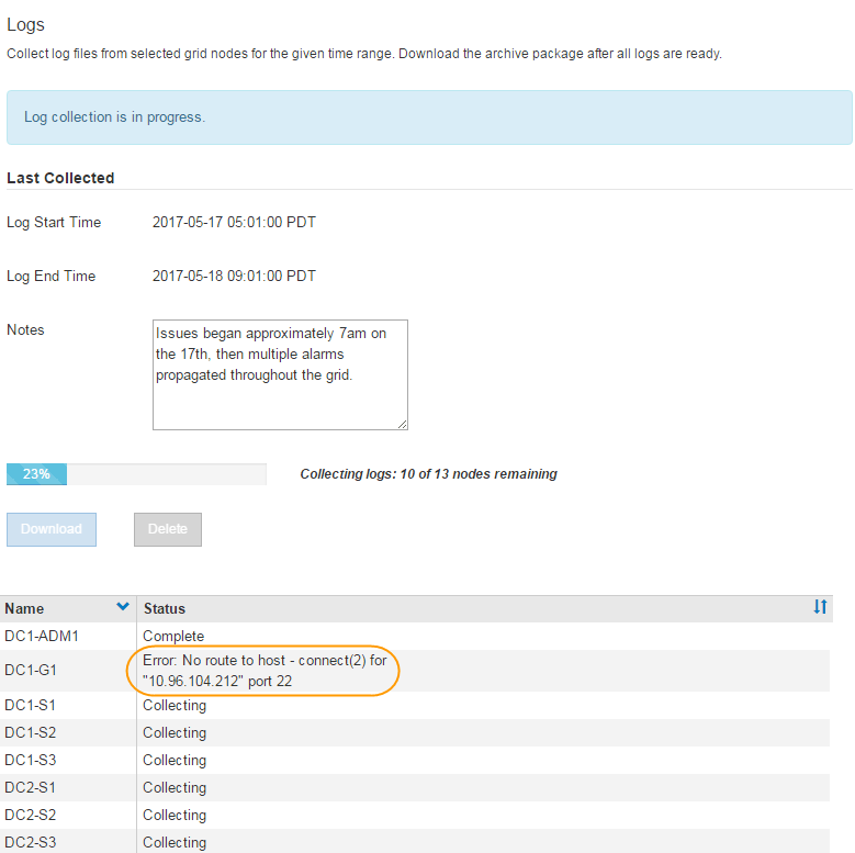 Coleção de log em andamento: Captura de tela