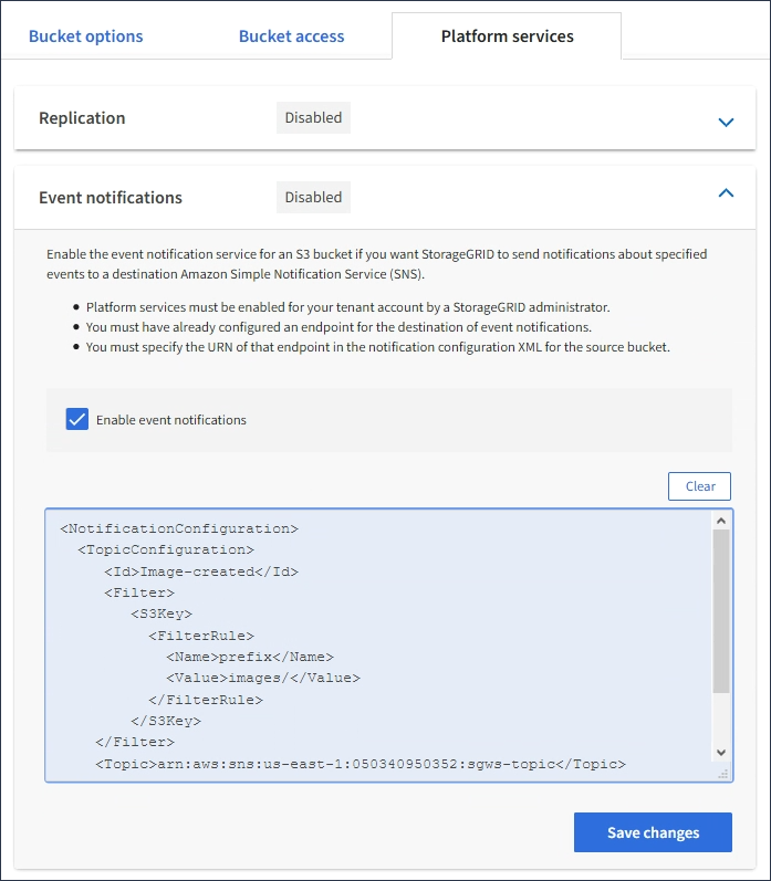 captura de tela da caixa de diálogo de configuração de notificação de evento