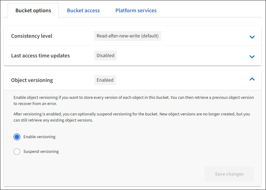 Controle de versão de Objeto alteração de bucket