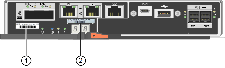 Etiquetas MAC e FRU no controlador E2800A