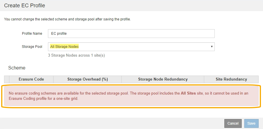 Aviso de todos os nós de storage do perfil do ILM EC