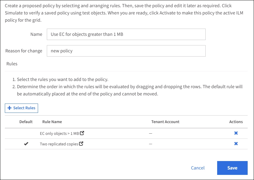 Política ILM por exemplo 2: Use EC para objetos maiores que 1 MB