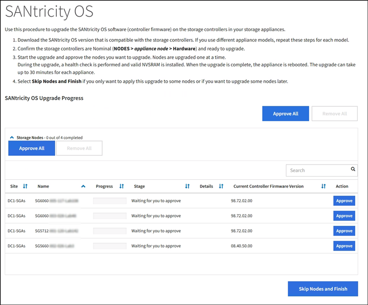 Captura de tela mostrando a parte de progresso da atualização do SANtricity os da página de atualização do SANtricity os