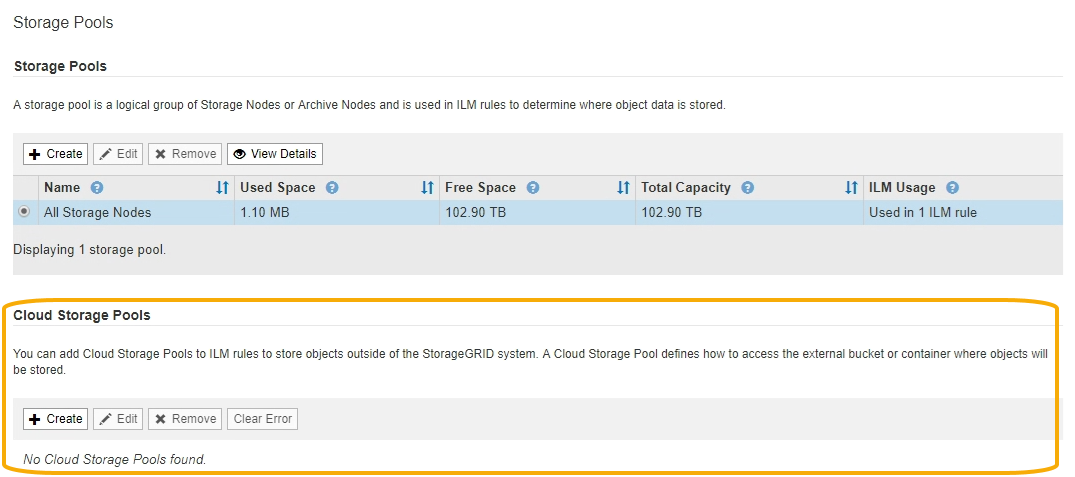 Pools de storage Página Cloud Storage Pool