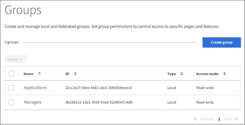 Captura de tela da página grupos de controle de acesso