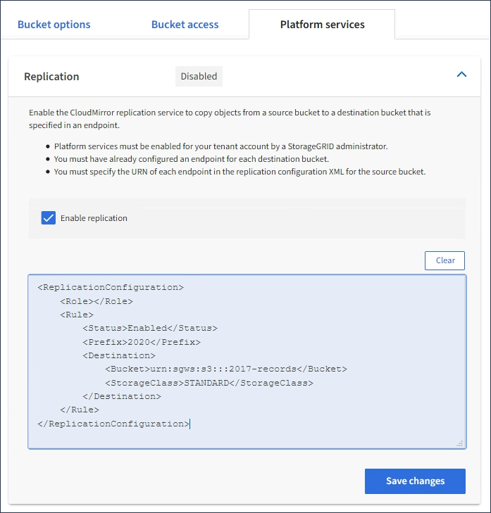 captura de tela da caixa de diálogo configuração de replicação