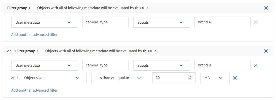 Exemplo de filtragem avançada para metadados do usuário