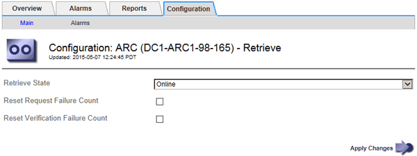 Página de configuração para um nó de arquivo > recuperar definições