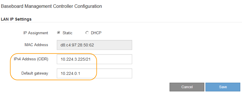 Opção estática de configuração do controlador de gerenciamento de Baseboard