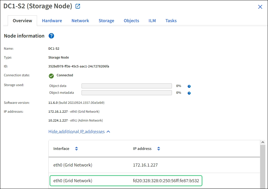 Captura de ecrã de nós > Descrição geral > endereços IP