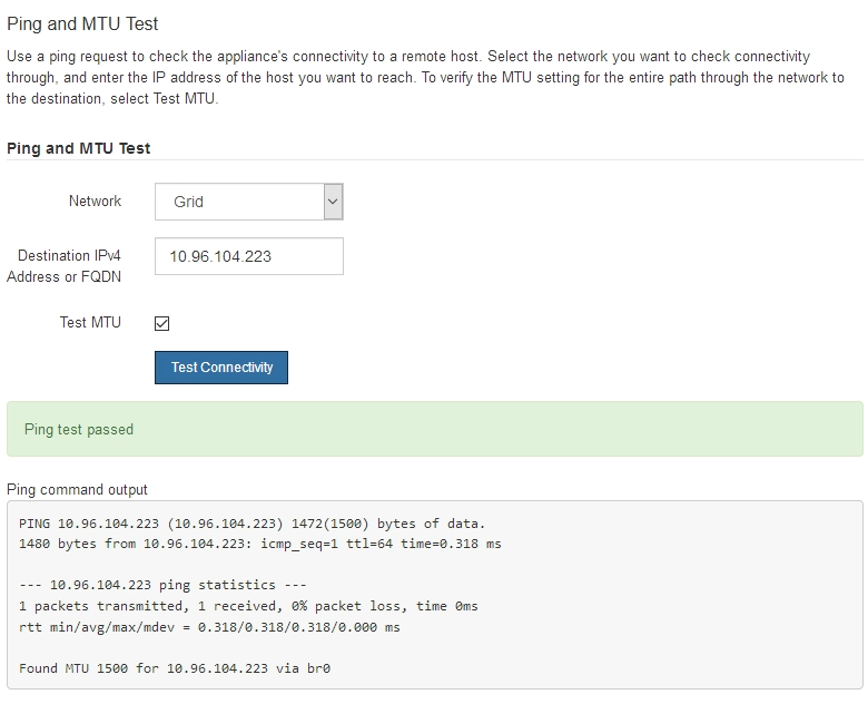 Captura de tela de resultados de teste de ping no instalador de dispositivos StorageGRID Webscale