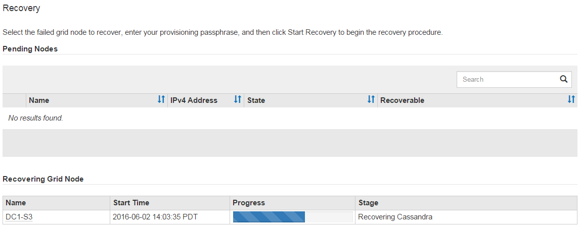 Captura de tela mostrando o progresso da recuperação na Interface de Gerenciamento de Grade