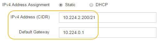 Configuração de rede do controlador de armazenamento IPv4 e Gateway predefinido