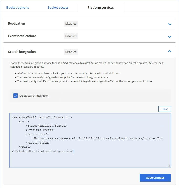 captura de tela da caixa de diálogo configuração de integração de pesquisa