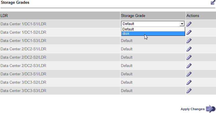 Página de classes de armazenamento