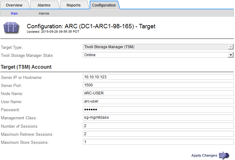 Página de configuração do nó de arquivo