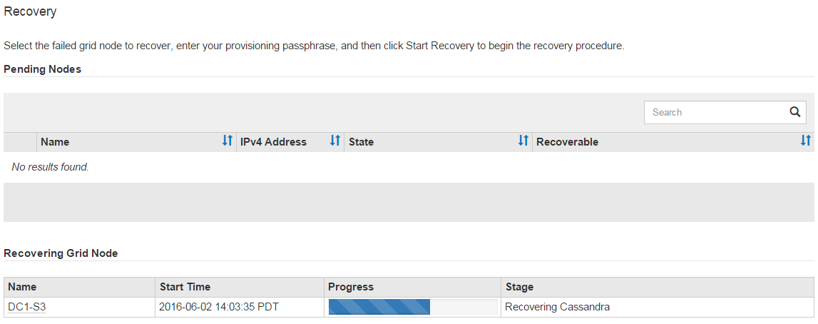 captura de tela mostrando o progresso da recuperação na Interface de Gerenciamento de Rede