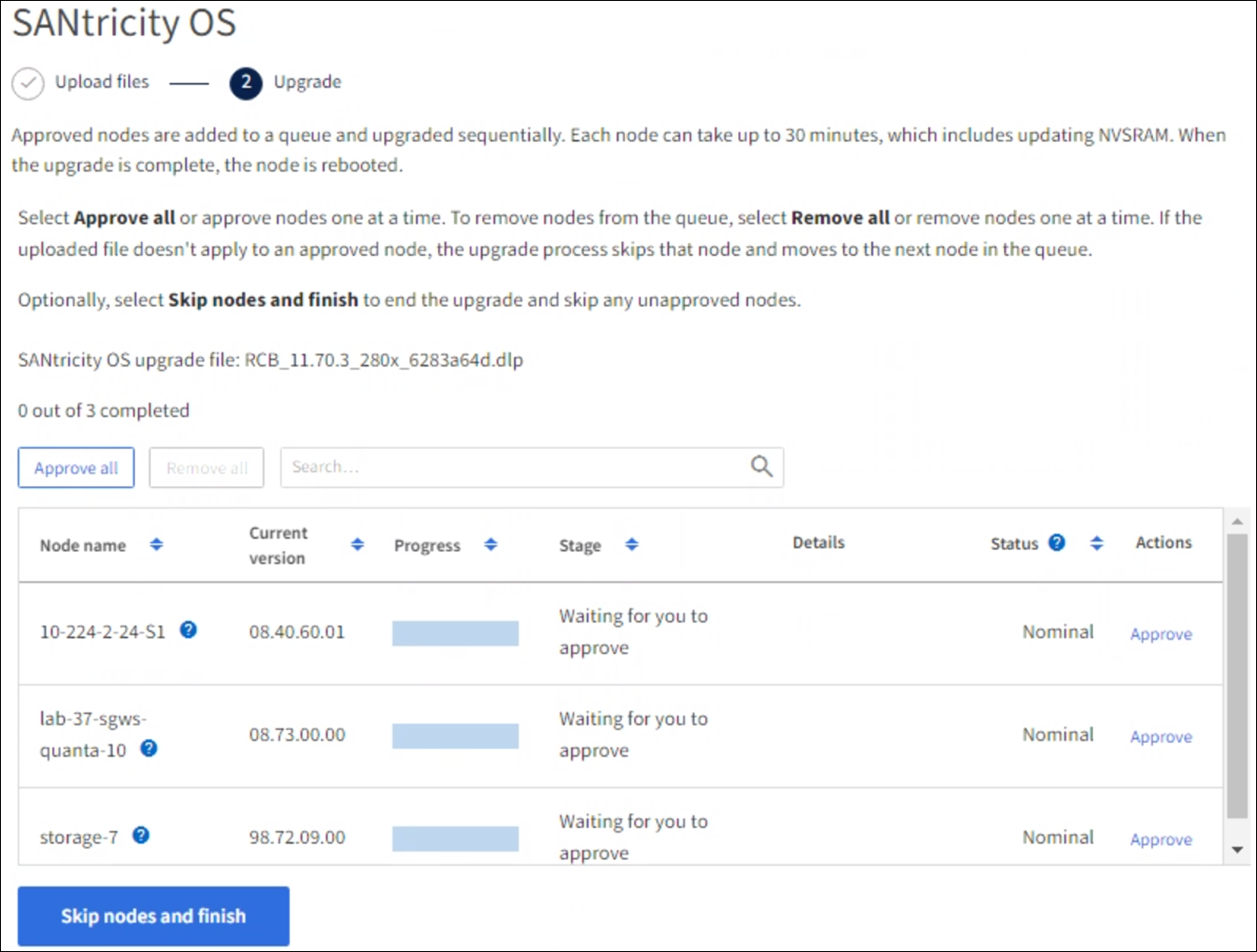 Captura de tela mostrando a parte de progresso da atualização do SANtricity os da página de atualização do SANtricity os