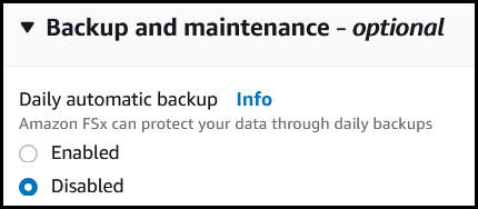 Uma captura de tela do console da AWS desativando o backup automático.