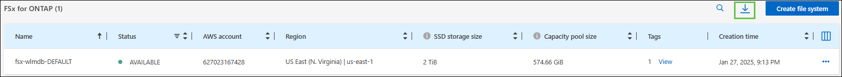 Uma captura de tela da fábrica de carga de trabalho do BlueXP  mostrando o novo botão de download para baixar os dados de inventário do sistema de arquivos do FSX for ONTAP.