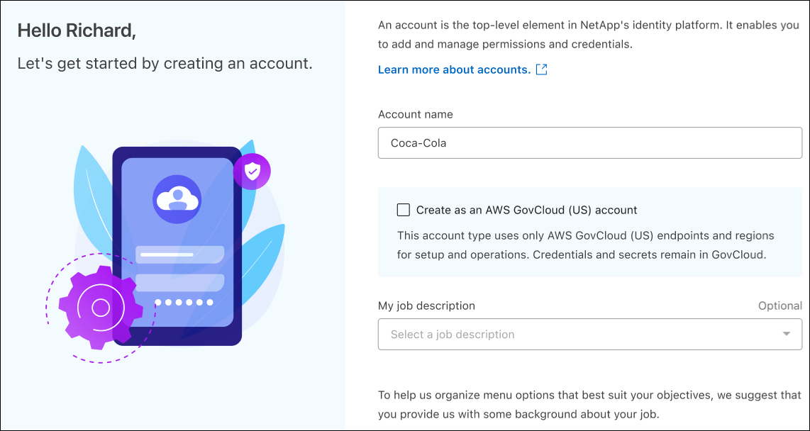 Uma captura de tela da página da conta que aparece quando você faz login com uma nova conta.