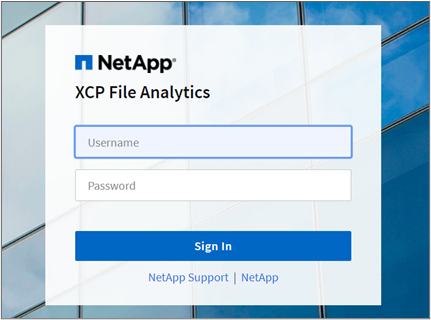 Ecrã de início de sessão do XCP File Analytics