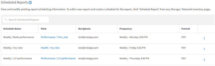 A UI screenshot that shows scheduled reports.