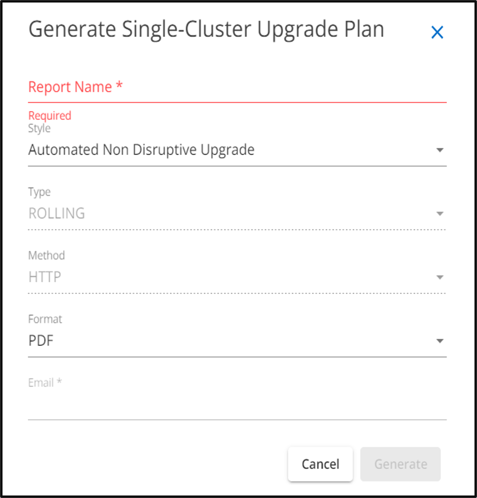 A pop-up to fill the details to submit the request to generate the upgrade plan.