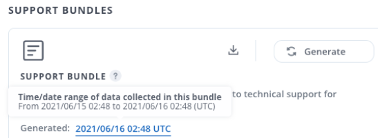 Shows the Support bundle generated and ready for download.