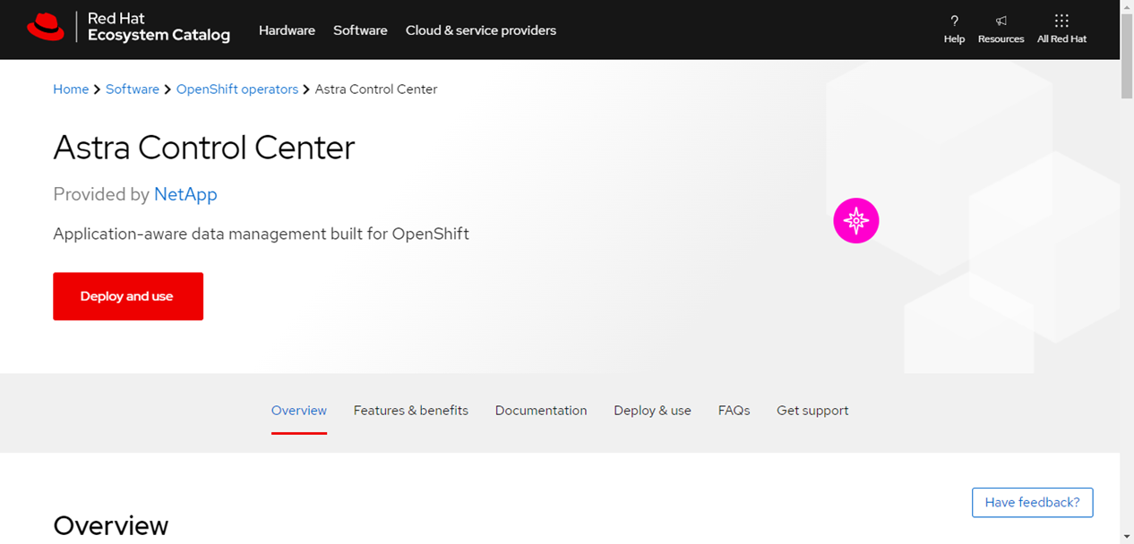 This image shows the Astra Control Center overview page that is available from the RedHat Ecosystem Catalog