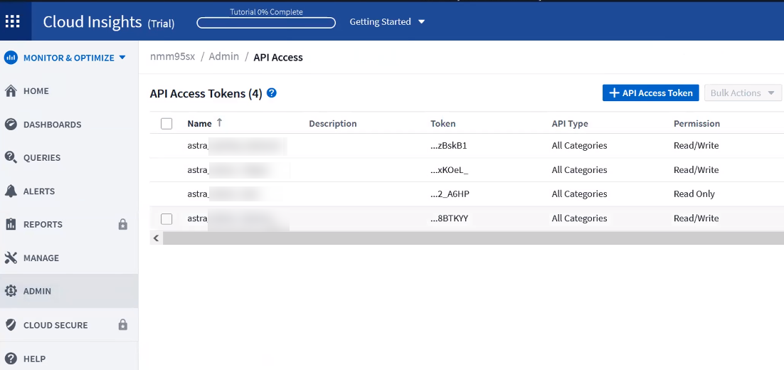 This image shows the Cloud Insights API token generation page.