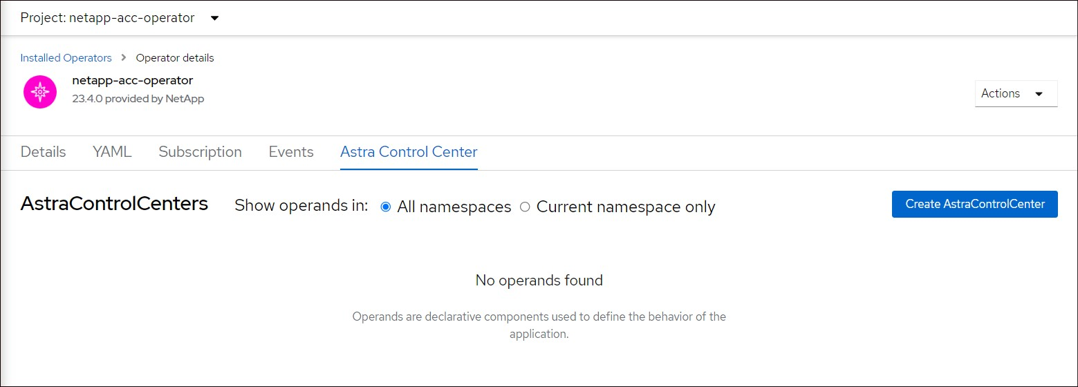 This image shows the Astra Control Center operator page that has the Astra Control Center tab selected