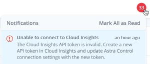 Shows the error message when Cloud Insights connection fails.