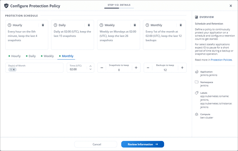 A screenshot of the Configure Protection Policy dialog box where you can enable Hourly, Daily, Weekly, and Monthly schedules.