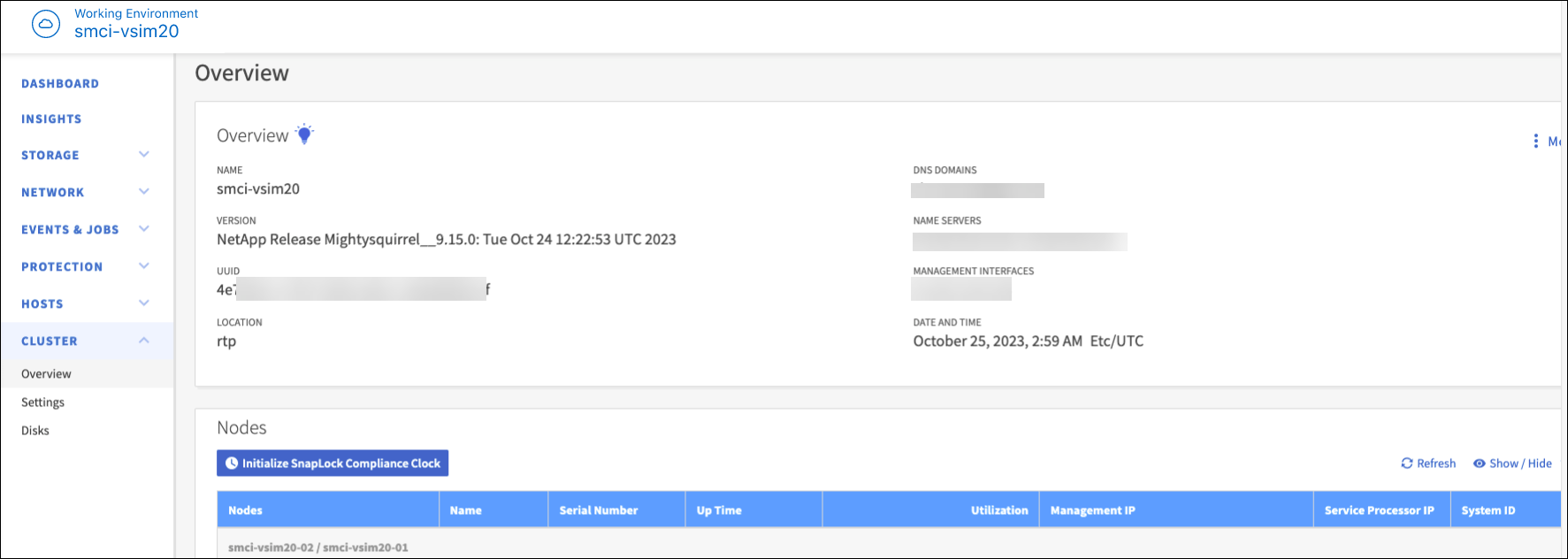 BlueXP System Manager showing cluster information