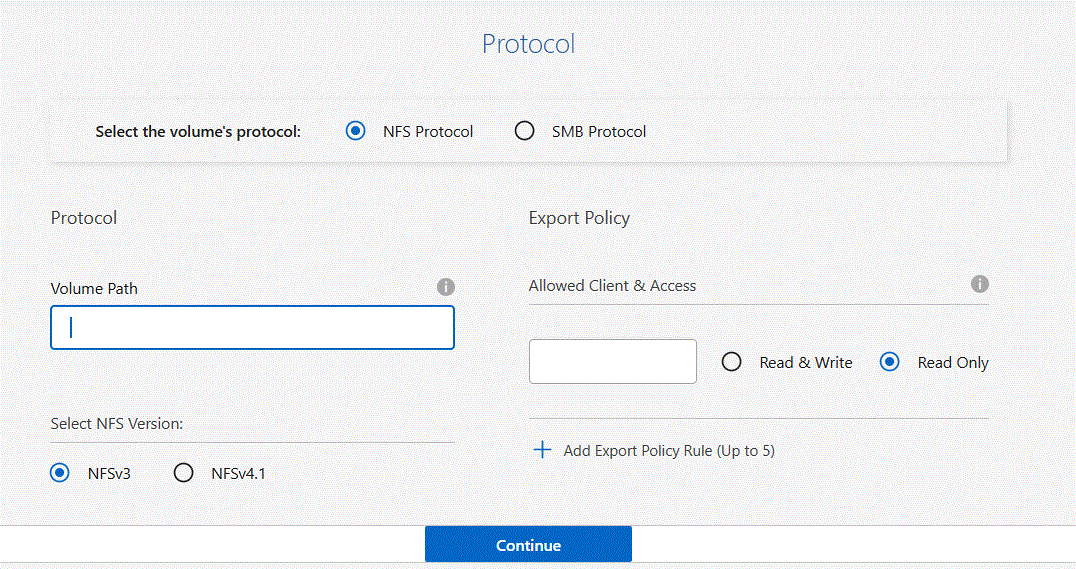 A screenshot of the fields required to set up an NFS volume.