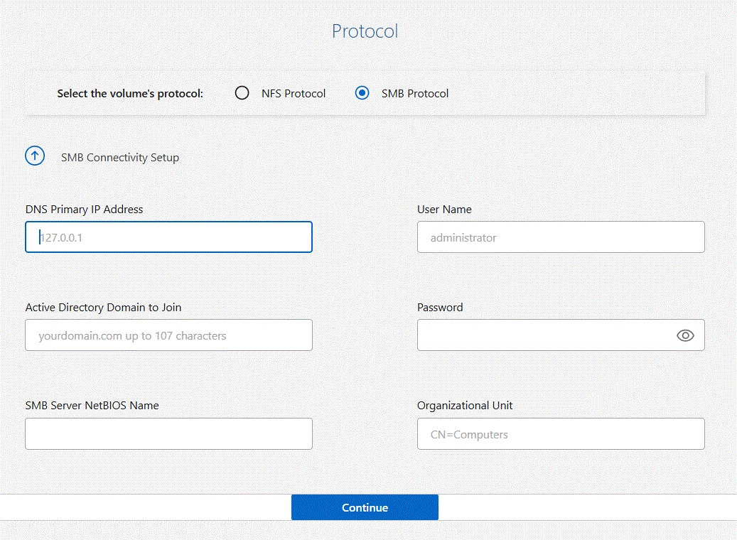 A screenshot of the fields required to set up an SMB volume.