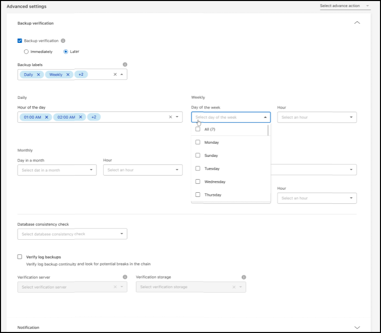 Backup verification settings screenshot for BlueXP backup and recovery policies