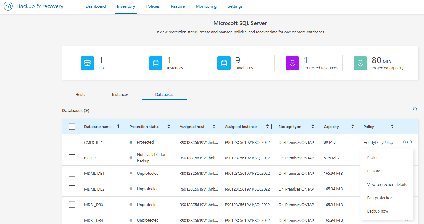 A screenshot showing the Inventory page and Databases tab