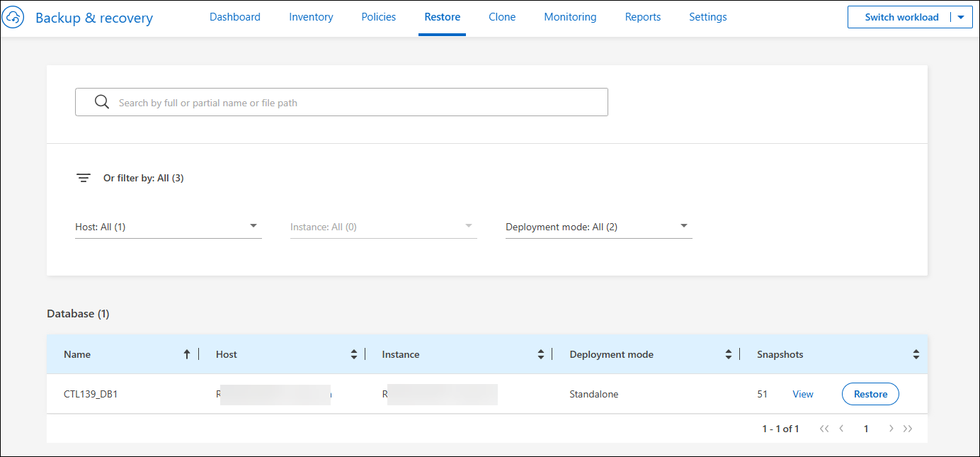 A screenshot showing the Restore page.