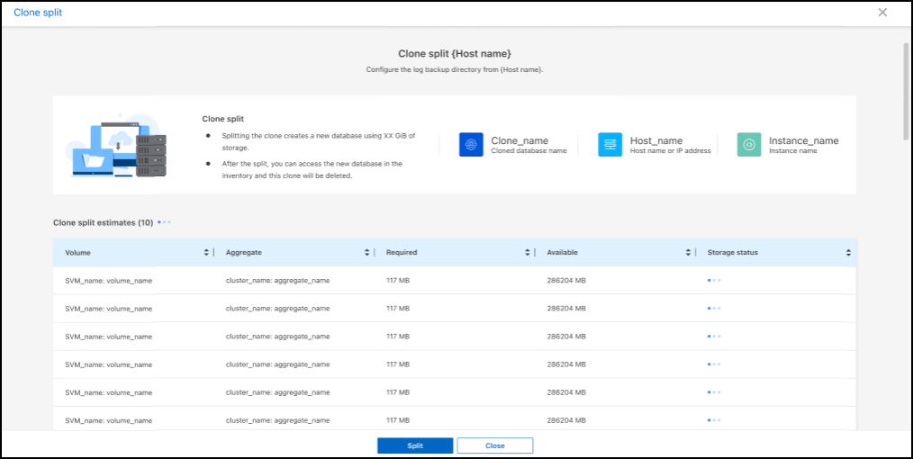 Split clone page for BlueXP backup and recovery