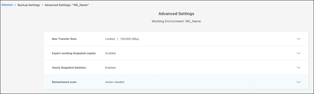 A screenshot that shows the Backup Advanced Settings values for a specific working environment.