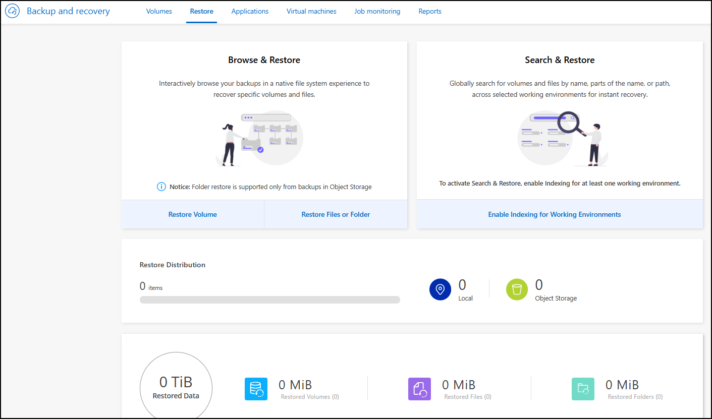 The Restore Dashboard showing the options to use the Browse & Restore or Search & Restore functionality.